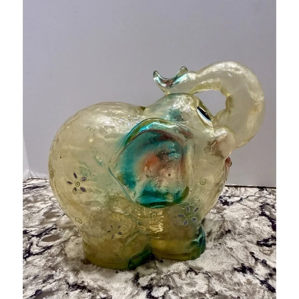 Vintage Clear Plastic Melamine Resin Elephant Piggy Bank Pink Blue Green Floral